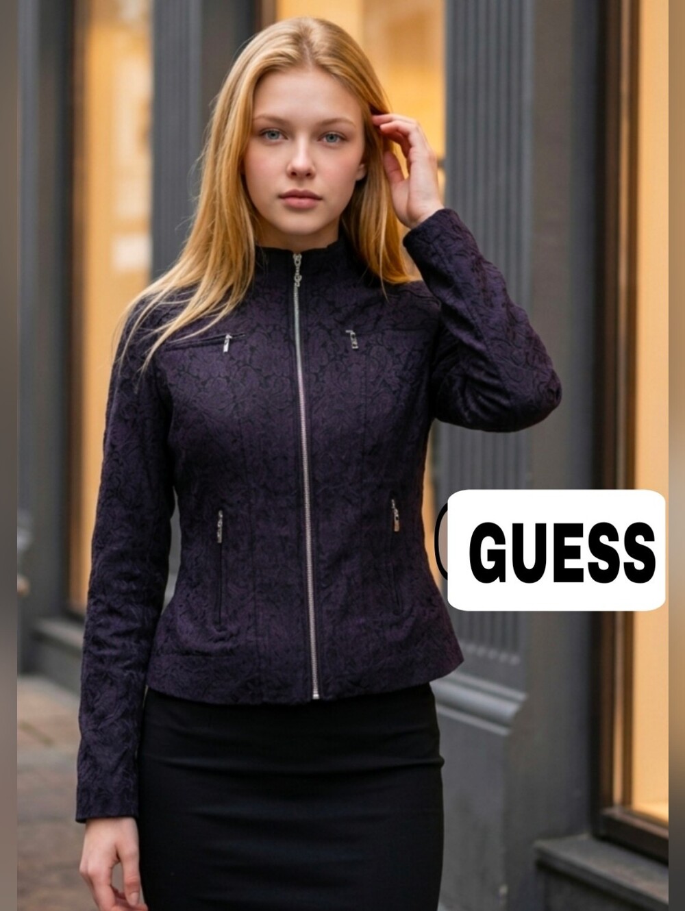 GUESS Black Jacquard Textured Zip-Up Jacket. XL